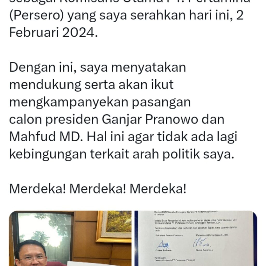 Ahok (Basuki Tjahaja Purnama) resmi mundur dari jabatan Komisaris Utama PT Pertamina (Persero), fokus dukung dan menangkan Ganjar-Mahfud. 